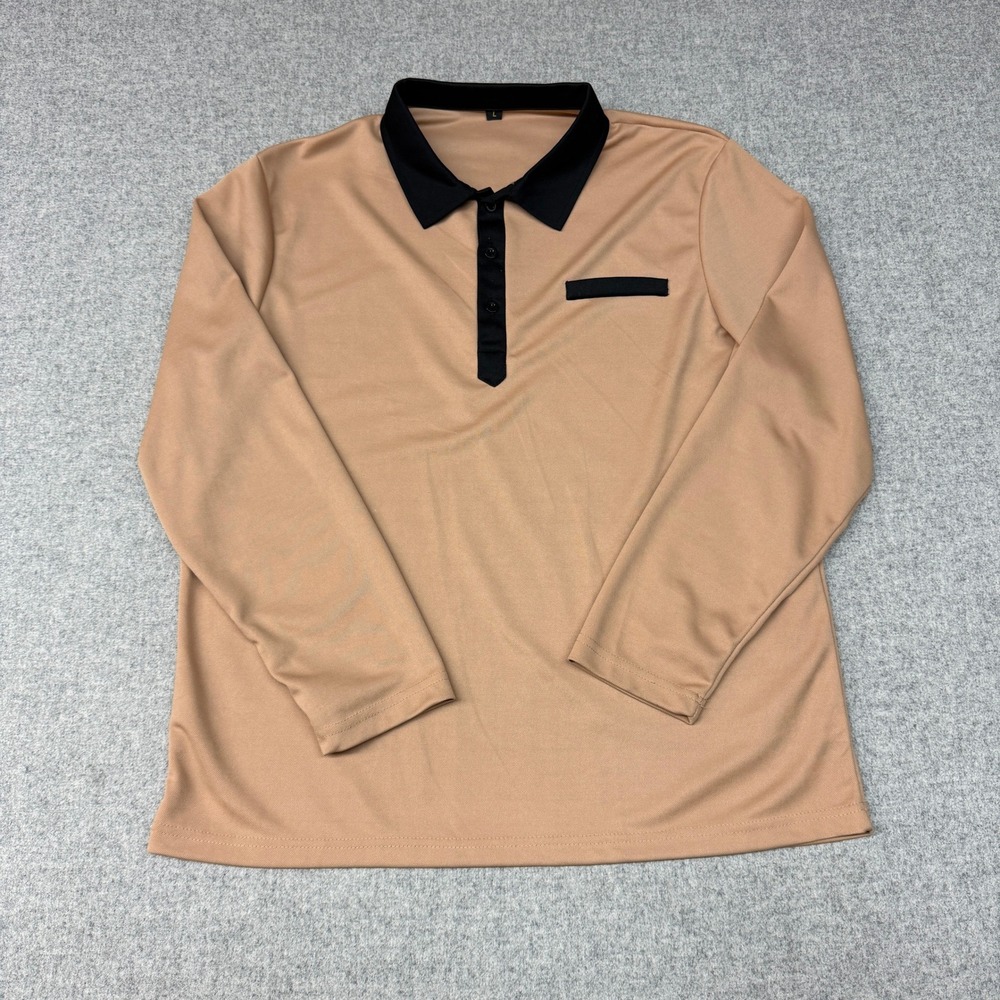 Unbranded Long Sleeve Polo Shirt Size Large Tan Black Contrast Collar Casual Top